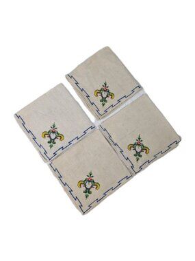 Vtg napkin Cross Stitch Embroidered on  Linen Square 10.2" mid century